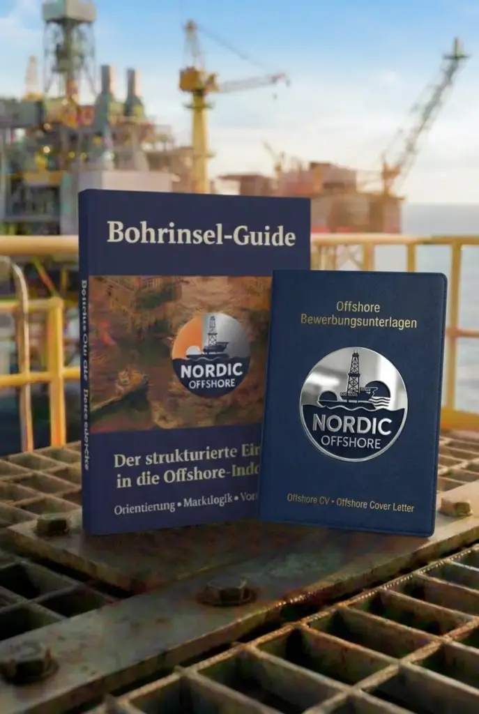 Der Bohrinsel-Guide in Kombination mit unseren Bewerbungsunterlagen und im Hintergrund eine Bohrplattform