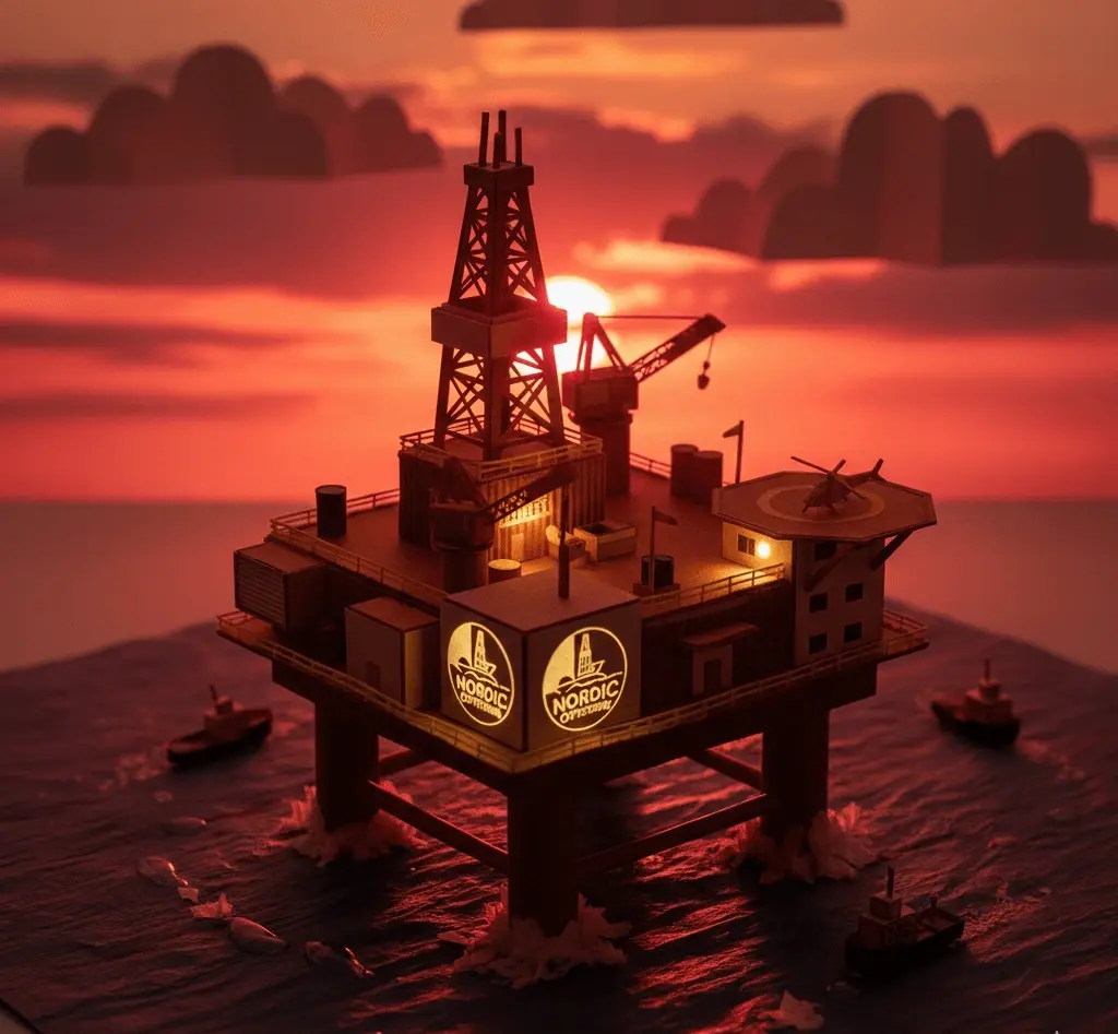 Cartoon-Animation einer Bohrinsel mit Sonnenuntergang